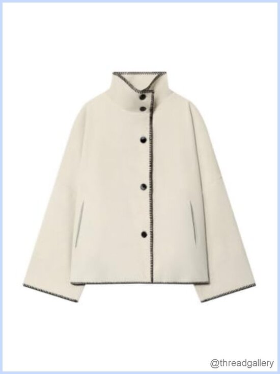 Jackets & Blazers - Cropped Wool Blend Pea Coat with Stand Collar & Embroidery